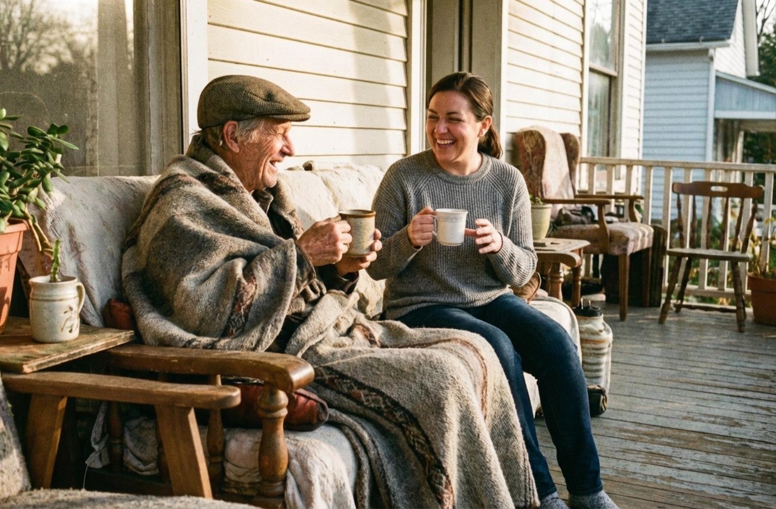Older adult in a wool blanket sits on a porch sharing tea with a caregiver in respite care during a chilly afternoon.