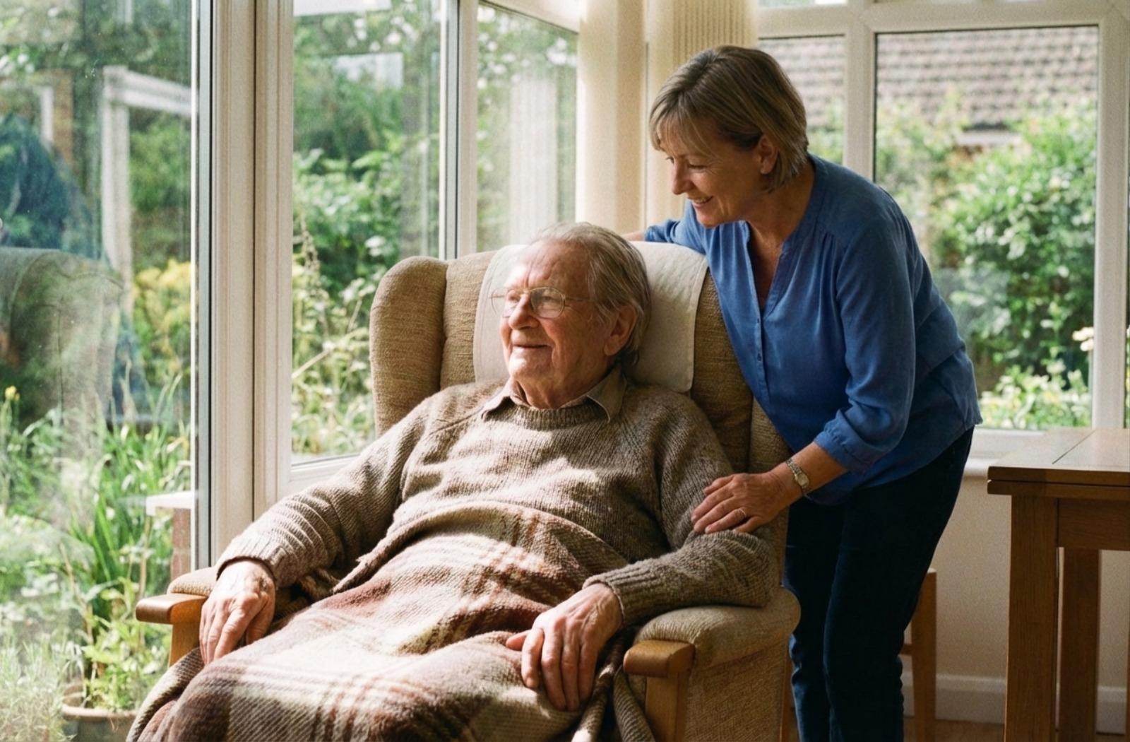 Older adult sits comfortably in an armchair looking out a sunlit window, as a care worker places a warm blanket on their lap.